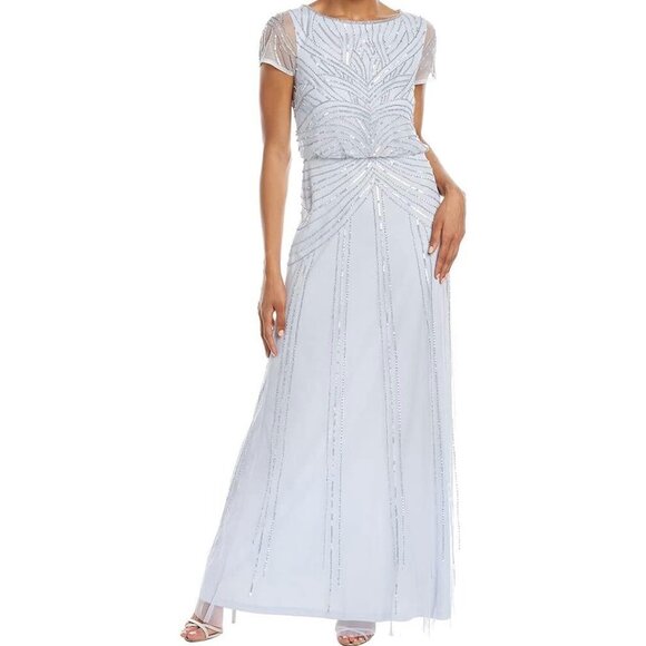 Adrianna Papell (HEMMED) Beaded Blouson Short Sleeve Long Dress - Picture 1 of 11
